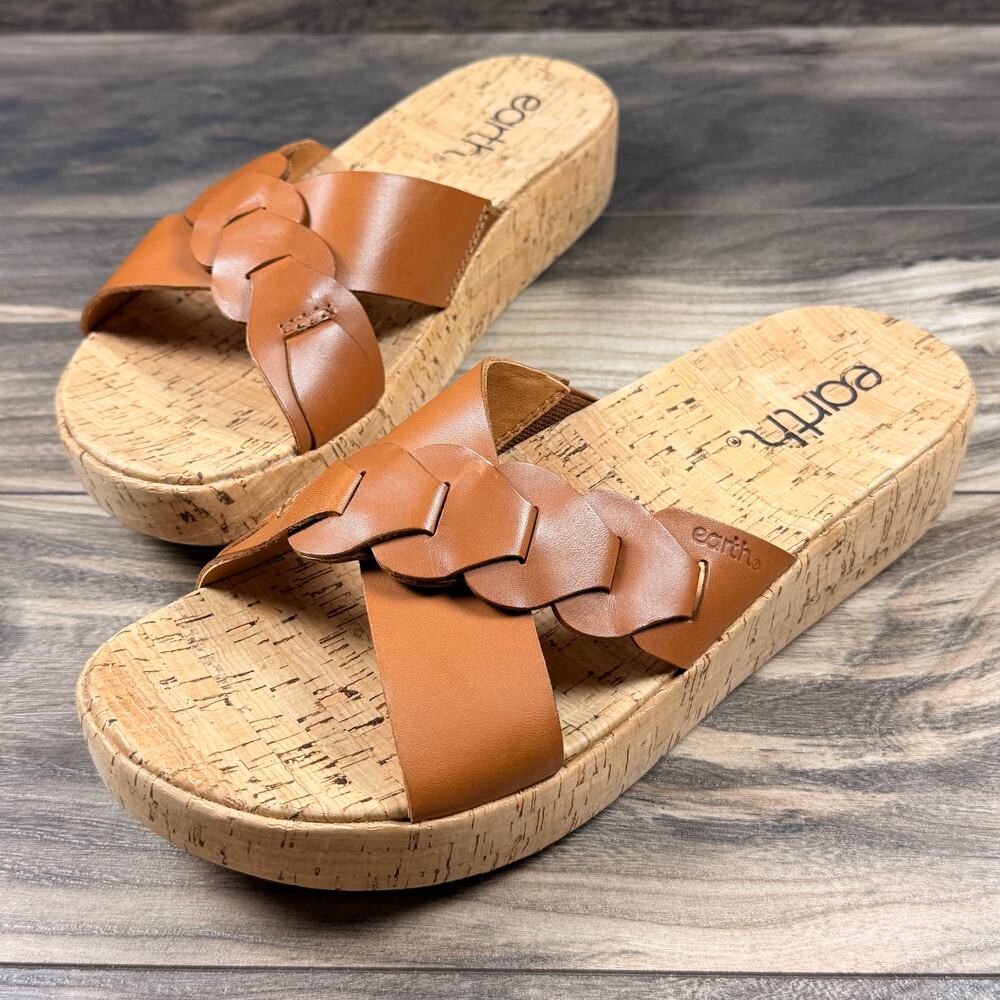 NIB Earth Scotti 8.5M Wedge Platform Comfort Leather Slide Sandals Dark Natural - Picture 3 of 12